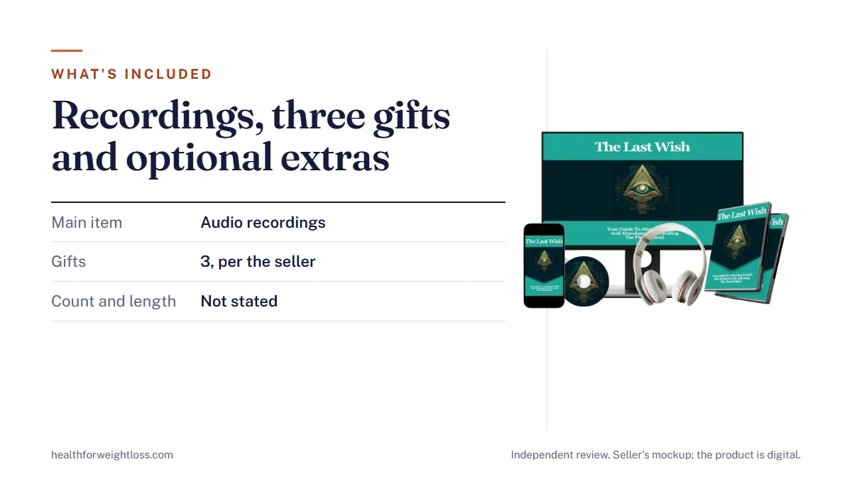 What's included in The Last Wish: audio recordings, three gifts per the seller, and a count and length that the seller does not state